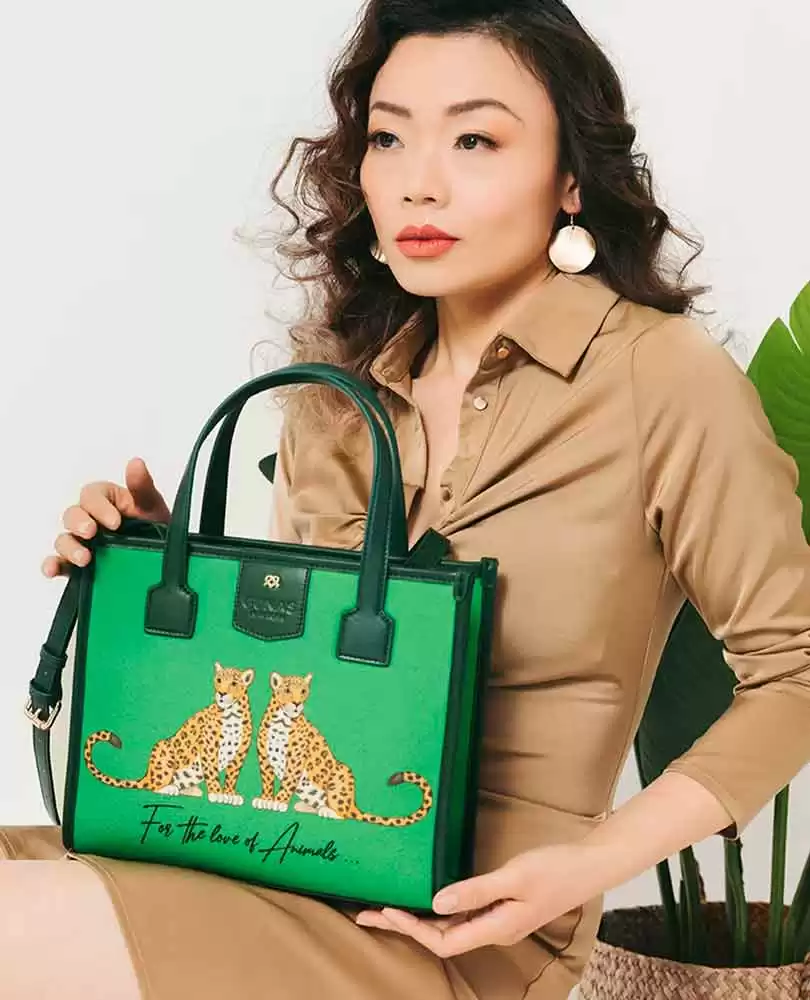 Green leopard vegan canvas bag